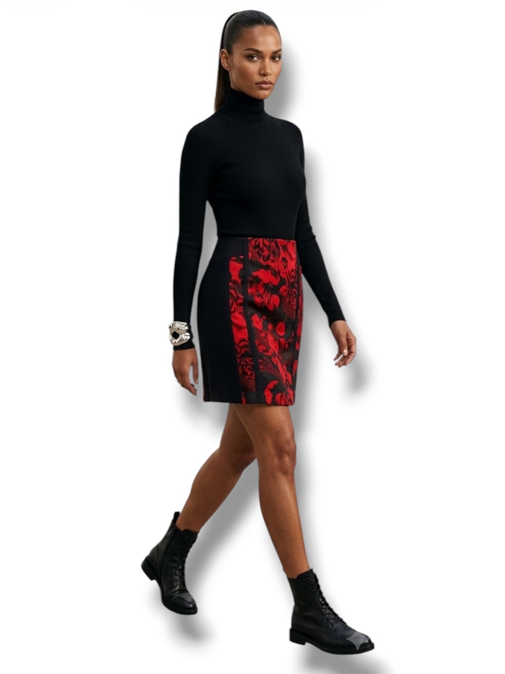 Caché Y2K Skirt Pencil Black & Red Floral Elegance Rare Deadstock Women’s Size 6